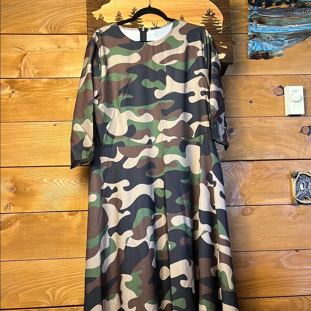 Camouflage Women’s A-Line Dress 3/4 sleeve 2XL Maxi zipper back belt Casual Hunt